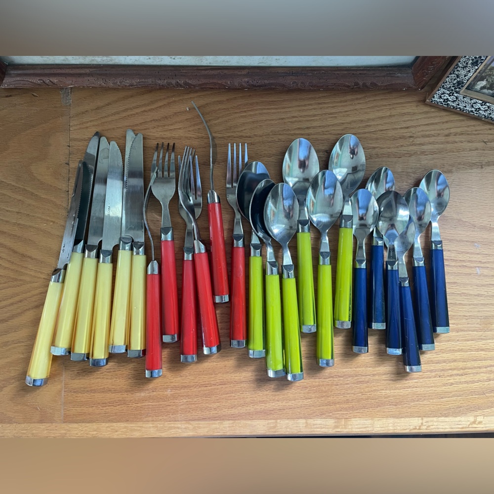 Colorful Retro Flatware Set - Red, Yellow, Lime, Navy